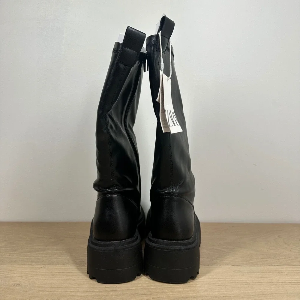 NWT Zara Boots Kids 2 Black Mid Calf Chunky Platform Lug Sole Moto Combat